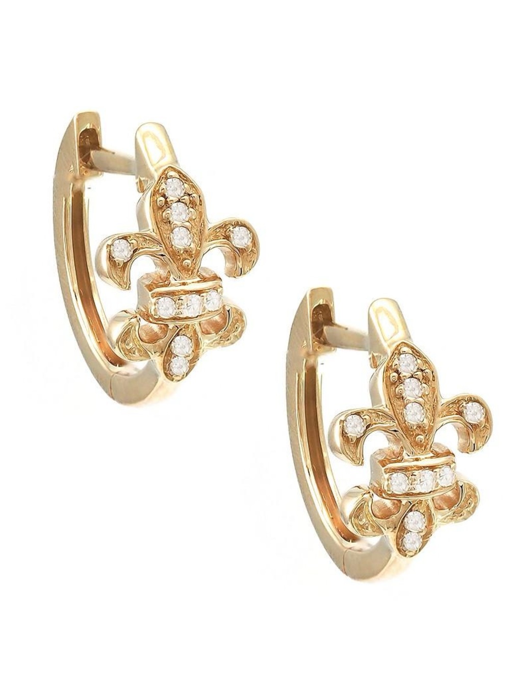 Solid Real Yellow Gold Single Diamond Fleur-de-Lis Earrings Pave 0.06 ctw